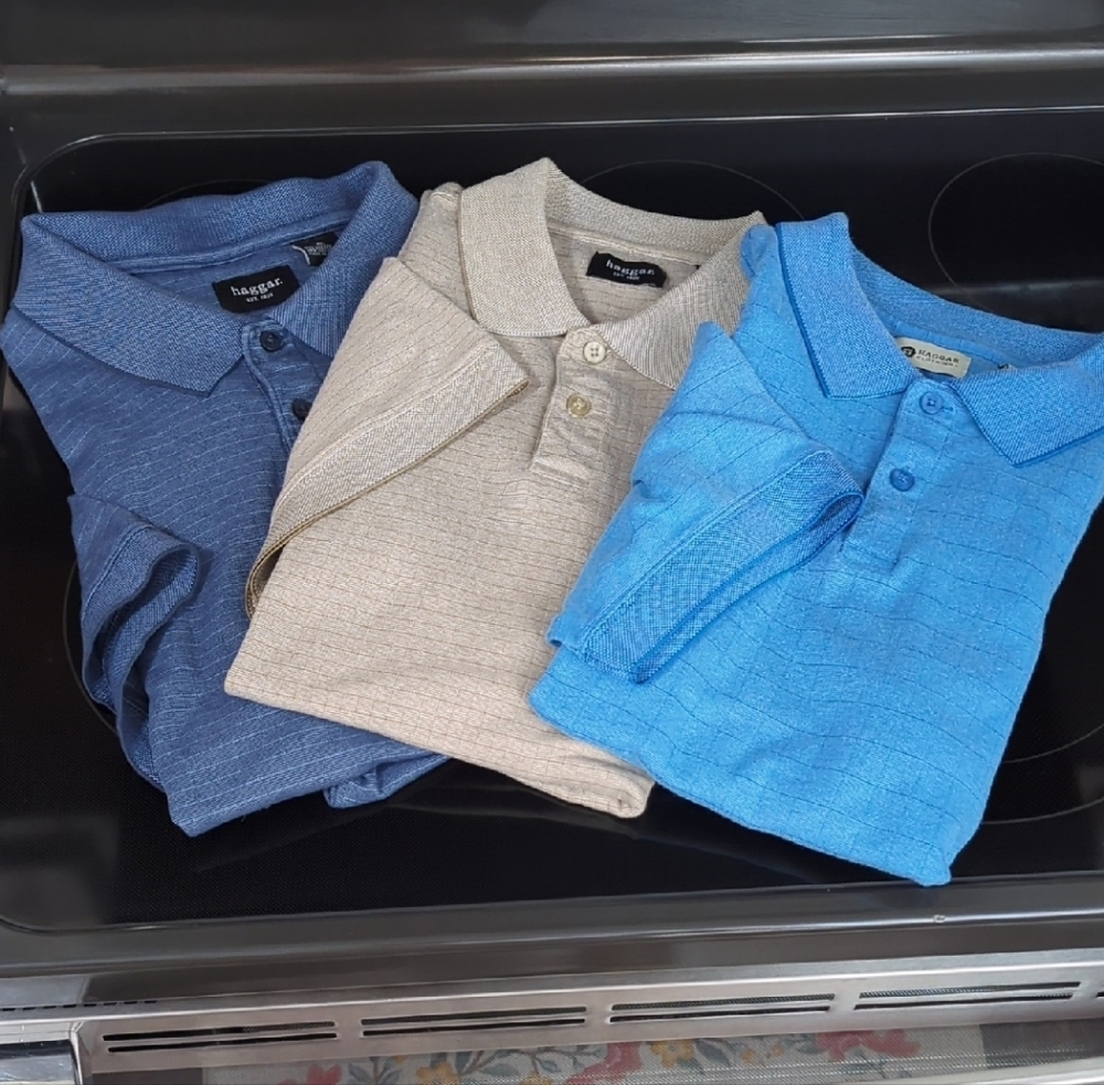 Set of 3 Haggar Men's Polo XL Shirts- Blue, Beige, Light Blue